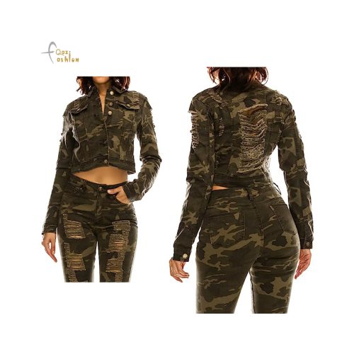 Camo Design Casual Destroyed Button Down Denim Cropped Jacket