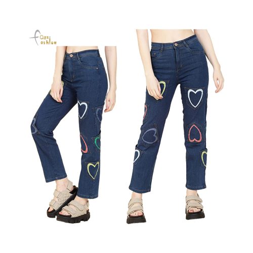 High Waist Heart Print Wide Leg Jeans Color
